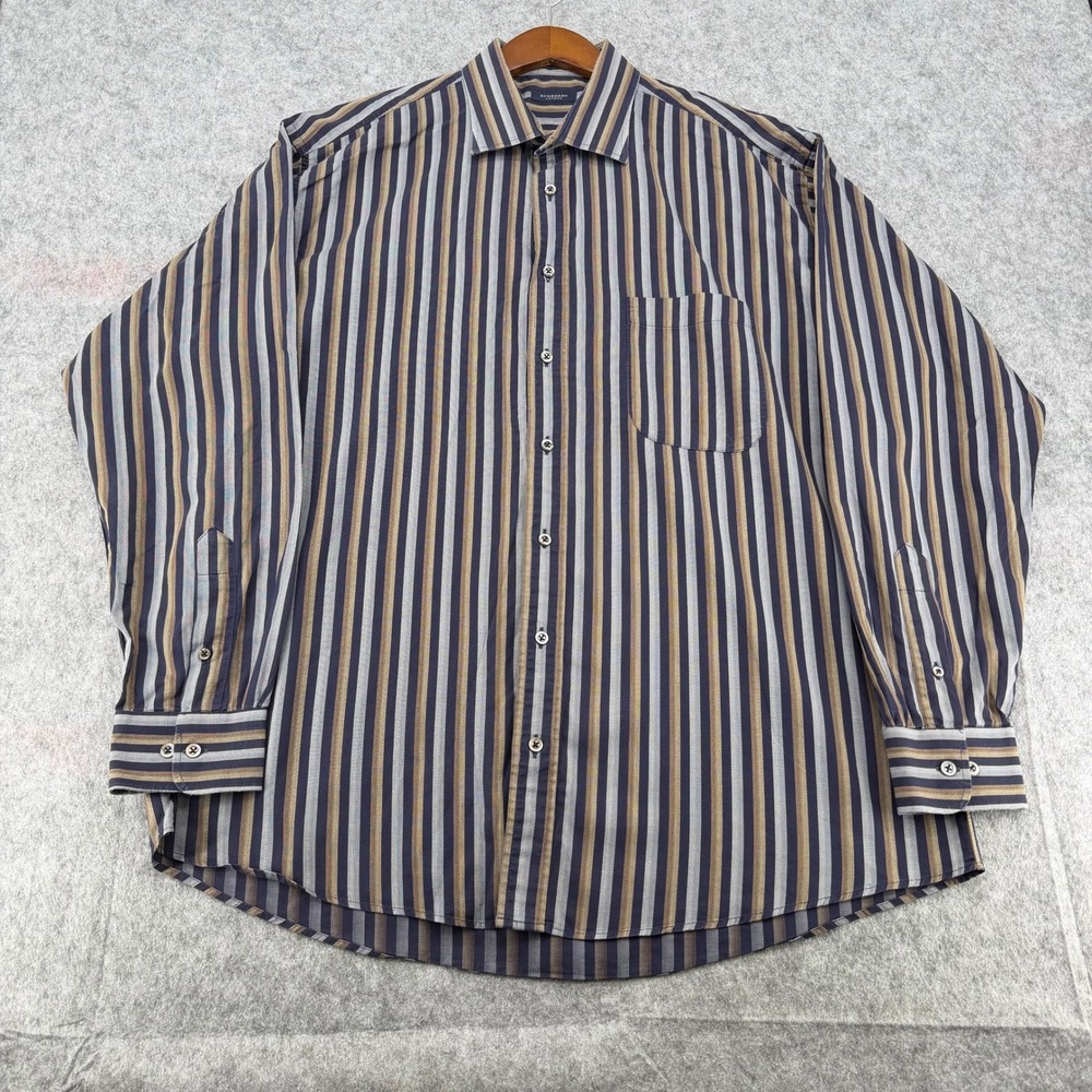 Burberry London Mens XL Long Sleeve Button Down Shirt Striped Navy Tan USA Made